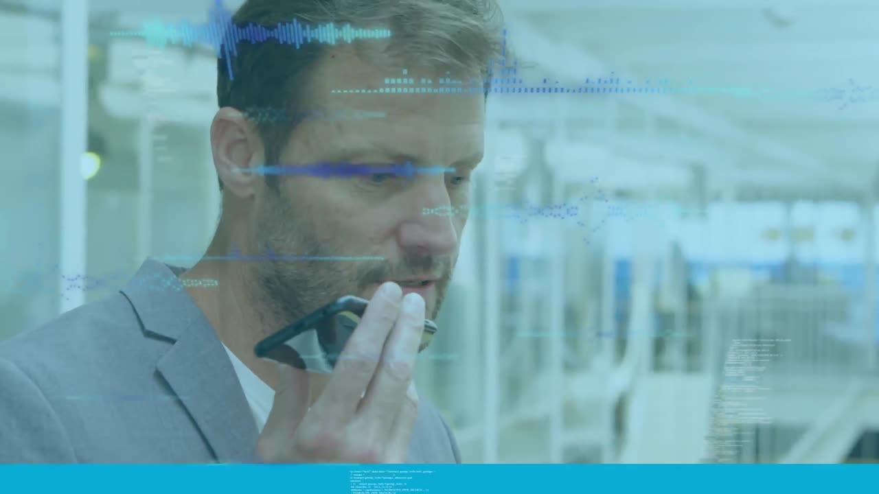 컴퓨터 언어의 애니메이션, 휴대 전화의 스피커에서 말하는 백인 남성 위의 음파