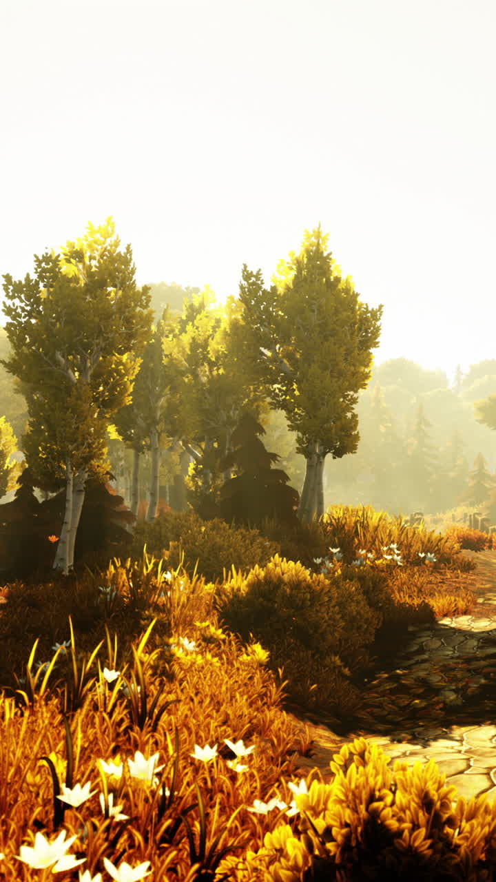 만화의  ⁇ 빛이 나무들을 가로질러 흐르고 있습니다.