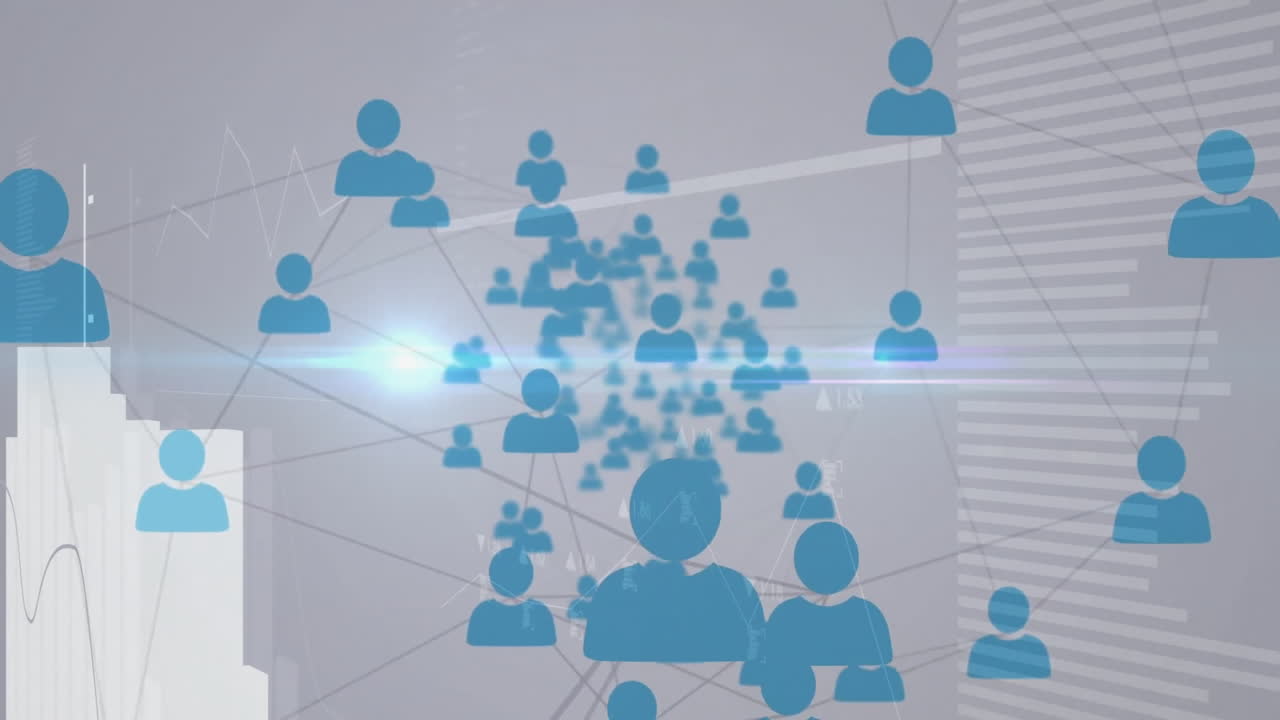 Network of connected people icons animation over business graph background