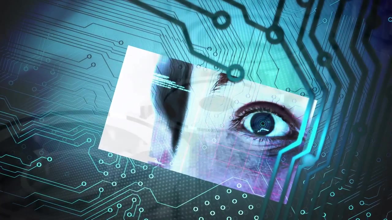 Animation of digital padlock and fingerprints over integrated circuit