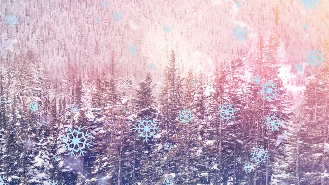 Animation of snow falling over fir trees