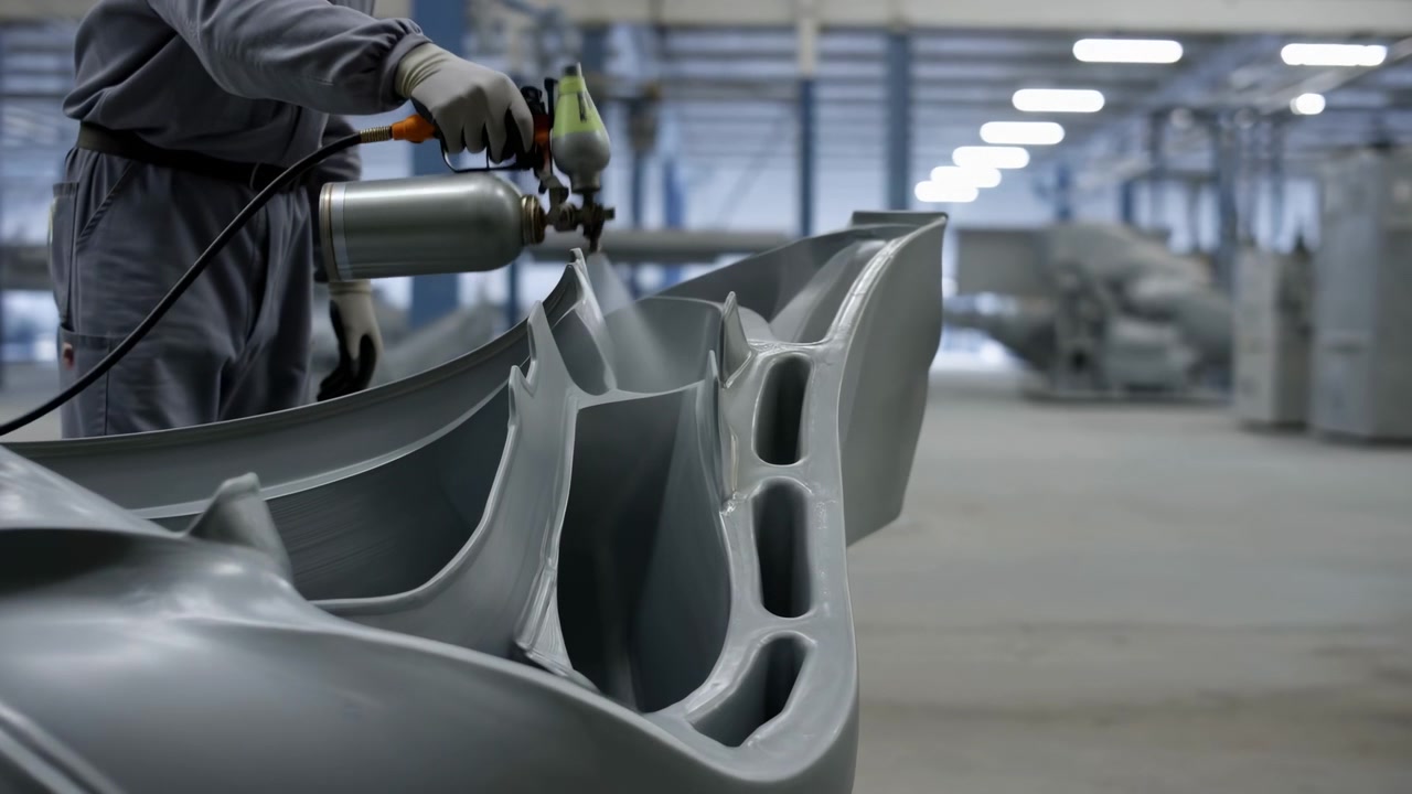 Worker Painting Automotive Bumper In Factory, Technician Uses Handheld Sprayer To Apply Gray Primer Coating