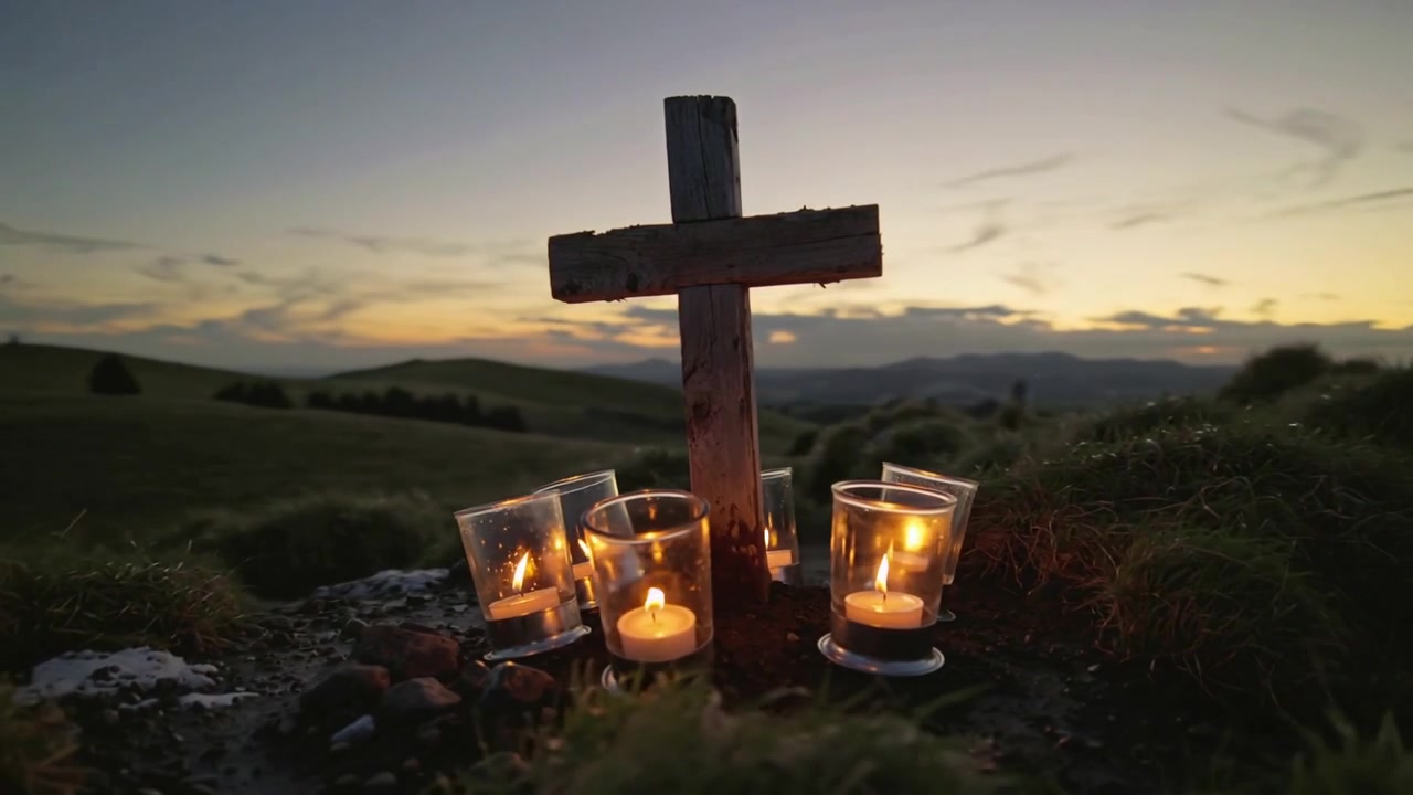 Telecamera che si allontana rivelando una croce di legno, sei candele votive accese su una collina al crepuscolo, mostrando il paesaggio.
