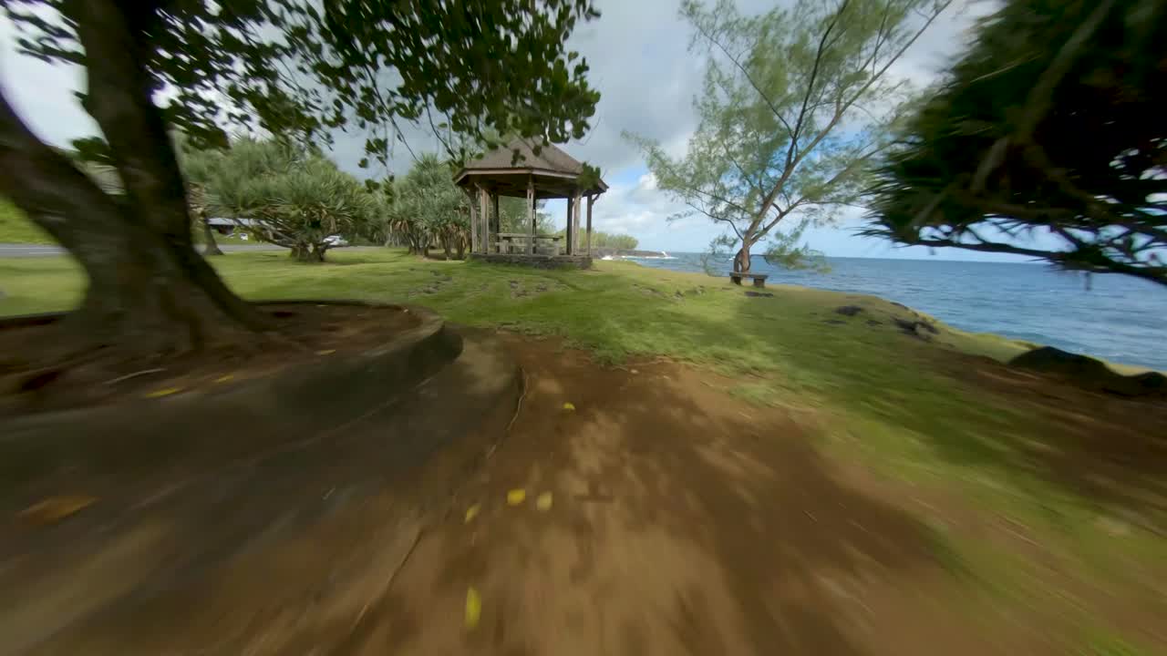 Impressive cinematic FPV drone shot through a tropical hut near the indian ocean, Reunion Island, France