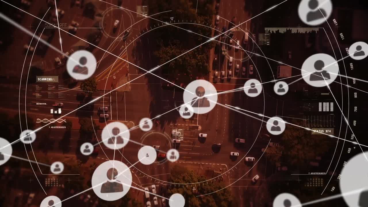 animación de la red de conexiones y escaneo de alcance sobre el paisaje urbano