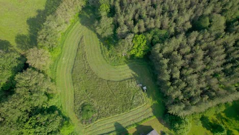 Top-View-Of-A-Tractor-Working-On-Green-Fields-During-Harvest-Season