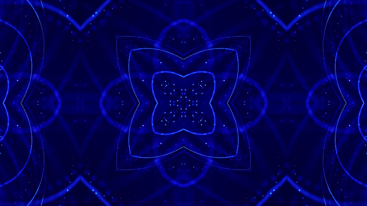 tema abstracto de microworld o nanotecnología. 4k bucle de ciencia ficción 3d fondo con efectos de luz. partículas azul brillante forman líneas, superficies, estructuras simétricas complejas como en el caleidoscopio.