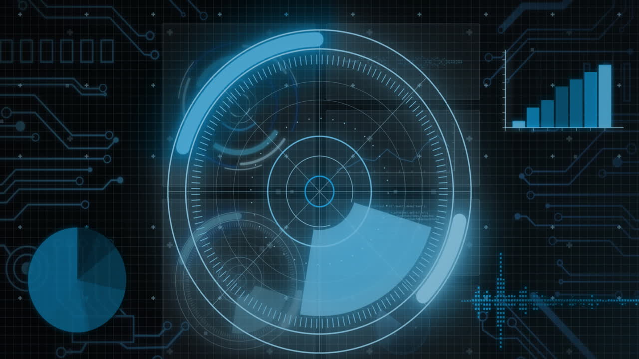 animación de escaneo de escáner redondo sobre interfaz con procesamiento de datos contra fondo negro.