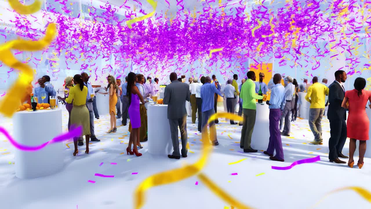 Vibrant Celebration with Colorful Confetti and Attendees in Festive Attire Enjoying Refreshments at a Lively Event Filled with Joyful Atmosphere and Engaging Conversations
