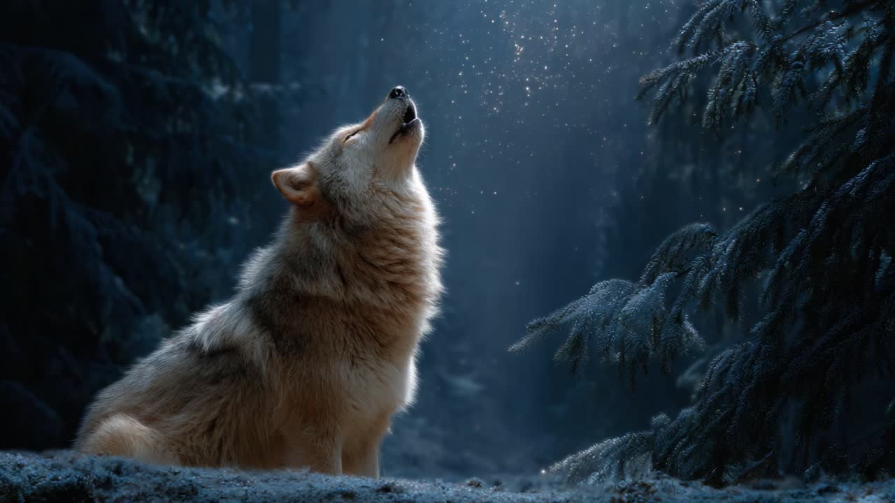 A Majestic Wolf Howling Under a Starry Night Sky, Surrounded by Enchanted Forest, Capturing the Essence of Wilderness and Nature's Beauty in Stunning Detail