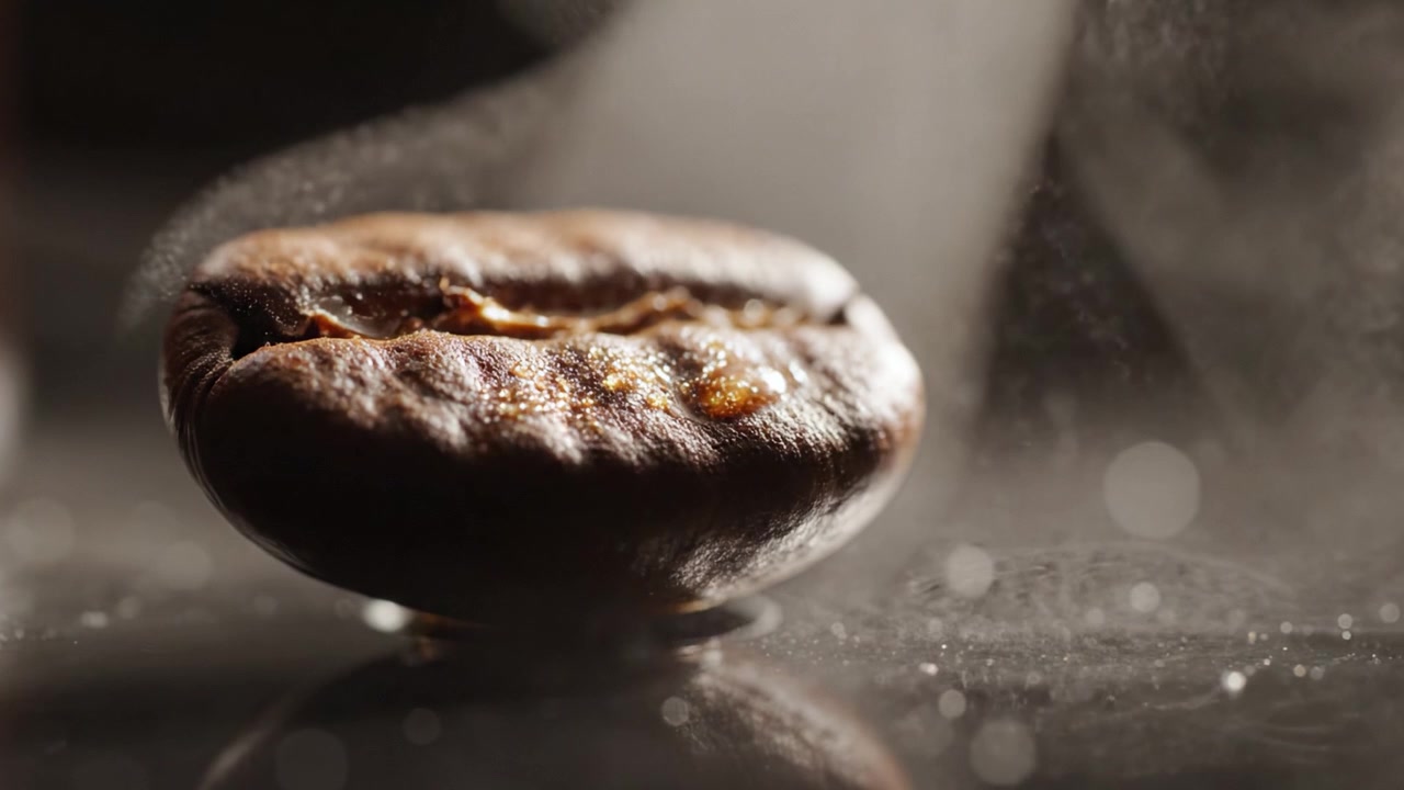Vista ravvicinata di un magnifico chicco di caffè con messa a fuoco morbida ed effetti di luce magici che ne evidenziano la ricca consistenza e l'aroma, perfetto per amanti e appassionati di caffè