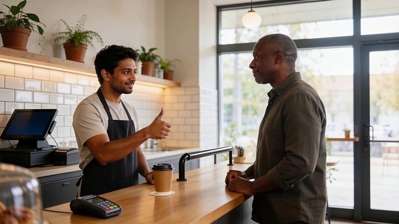 Leaning customer giving thumbs-up, barista in apron steadying coffee cup at cafe, confirming order
