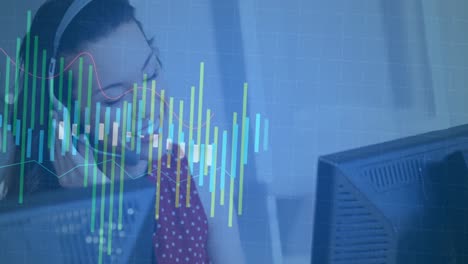 Animación-Del-Procesamiento-De-Datos-Sobre-Una-Mujer-De-Negocios-Caucásica-Sonriente-Usando-Auriculares