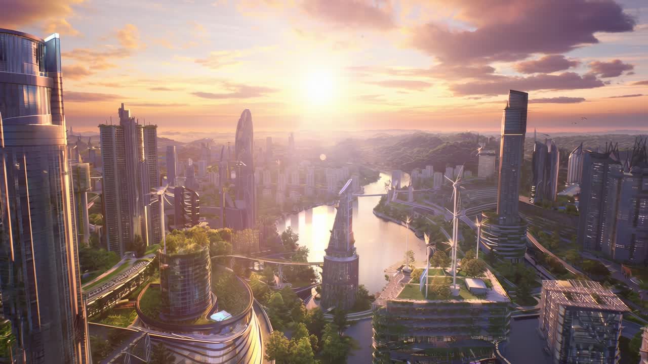 Futuristic cityscape at sunset, aerial view. Perfect for a video on urban innovation. Live desktop