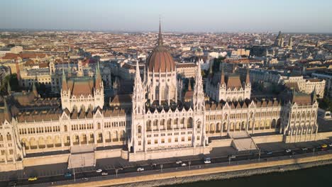 amazing drone shot over hungarian parliament building during golden hour