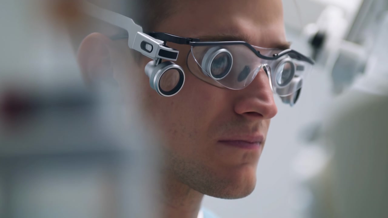 Tight head and shoulders view of male dental professional in protective eyeglasses with magnifying loupes, head slightly lowered while concentrating inside bright clean clinic during hands-on work