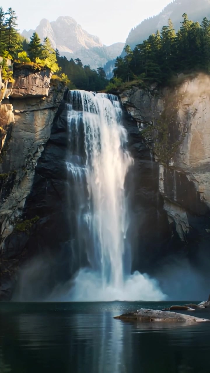 Video verticale: Una cascata si riversa da una sporgenza rocciosa, formando spruzzi in una pozza alpina.