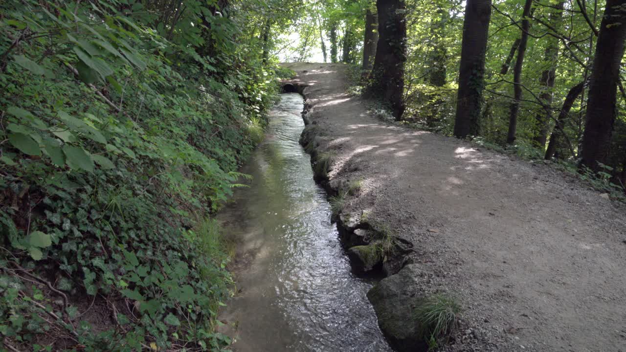 agua que fluye a lo largo de un canal de riego utilizado para transportar agua desde una fuente a varios usuarios cerca de un sendero de senderismo en un bosque
