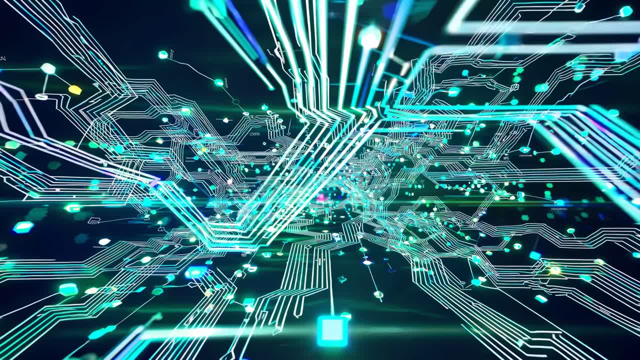 Dynamic video concept of digital circuitry, featuring a wide-angle view of glowing lines