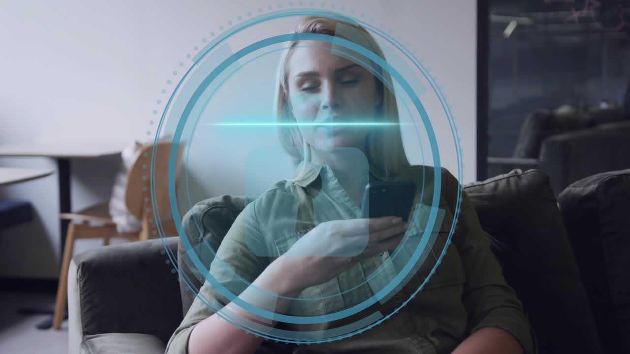 Woman tapping phone and initiating security HUD centering phone, forming padlock, completing login