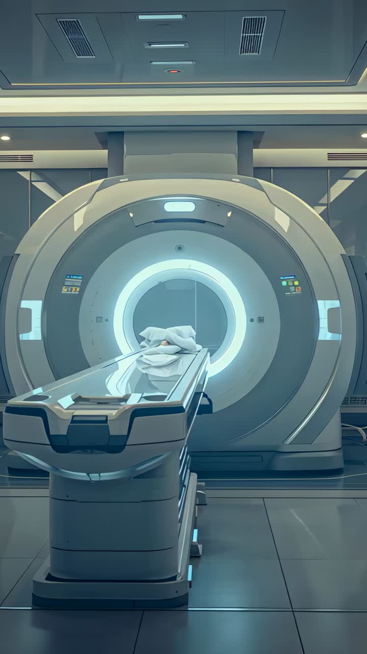 Video verticale: scansione in avvio, tavola motorizzata che sposta la persona distesa nel foro illuminato della risonanza magnetica in clinica