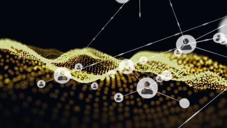 animation of network of connections with people icons over yellow mesh