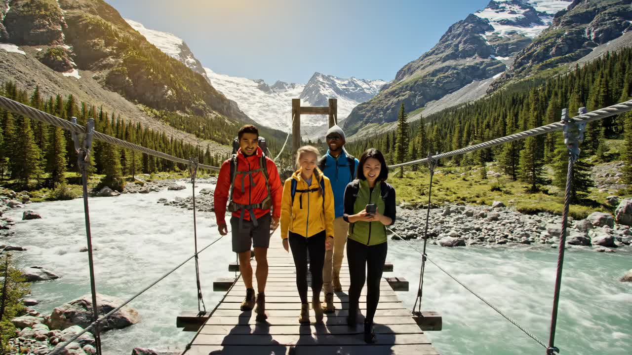 친구 들 의 그룹 이 산 을 산책 하고 있다