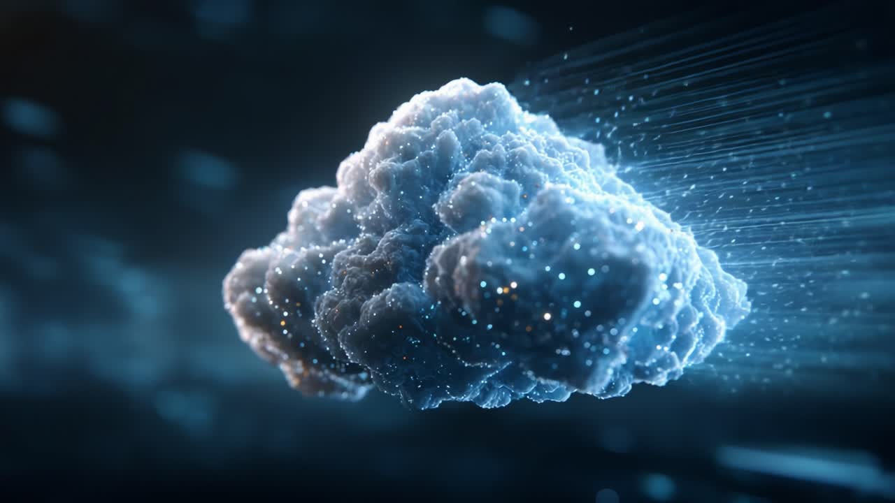 Dynamic Cloud Formation in a Digital Environment with Abstract Lighting Effects and Particle Motion Representing Data Flow and Connectivity