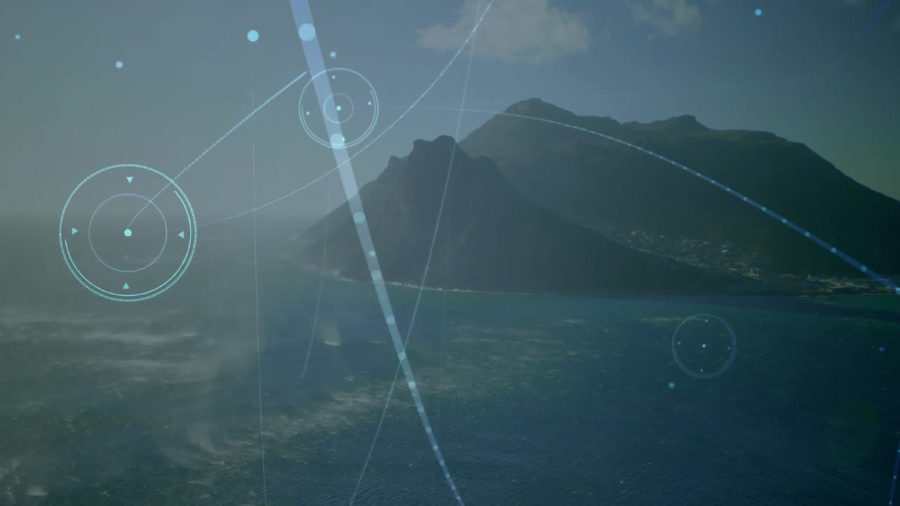 Digital network animation overlaying scenic mountain and ocean landscape in nature