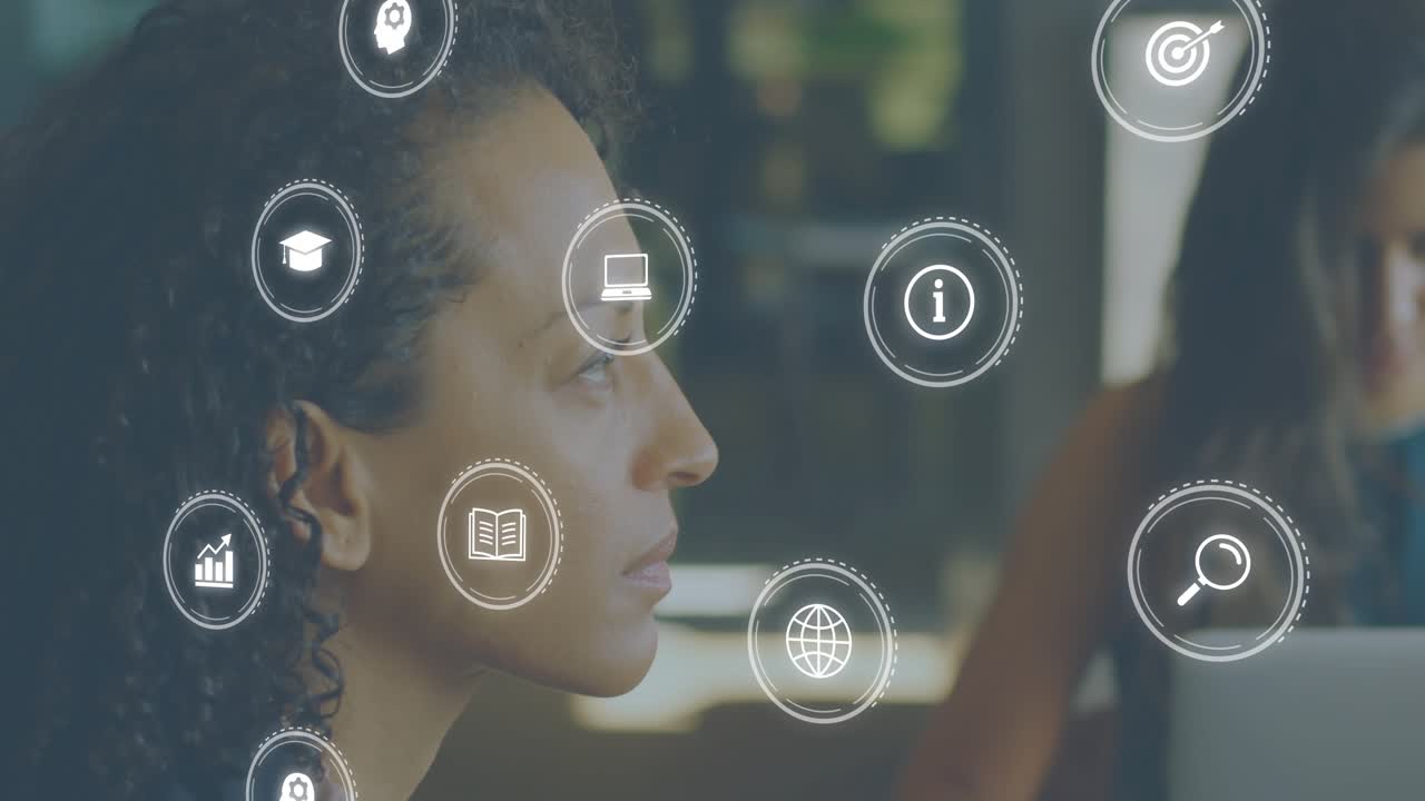 mature woman experiencing book icon fading in generating tech icons orbiting head interface