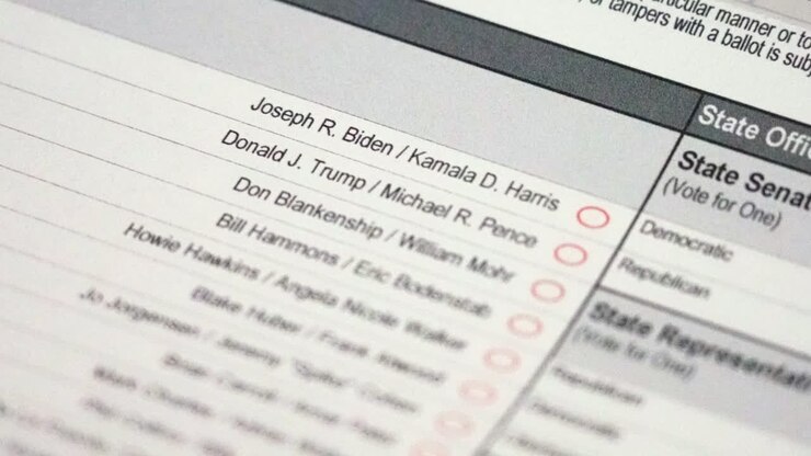 United States 2020 Blank Presidential Election Ballot, Donald Trump and Joe Biden Red Circles Depth of Field