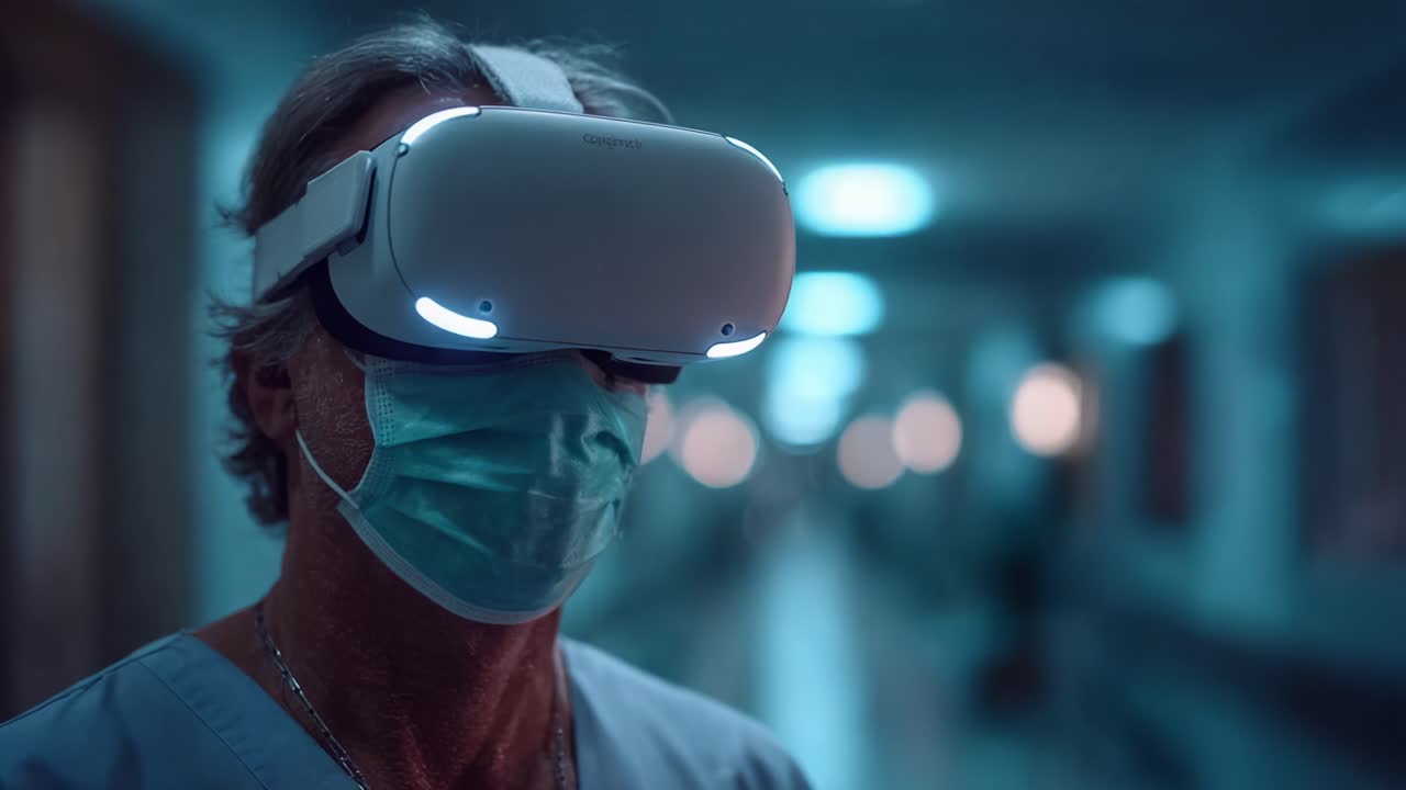 A medical professional experiences the future of technology with a virtual reality headset while navigating through a dimly lit corridor, enhancing patient care and engagement