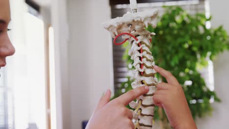fisioterapeuta explicando el modelo de la columna vertebral al niño paciente 4k