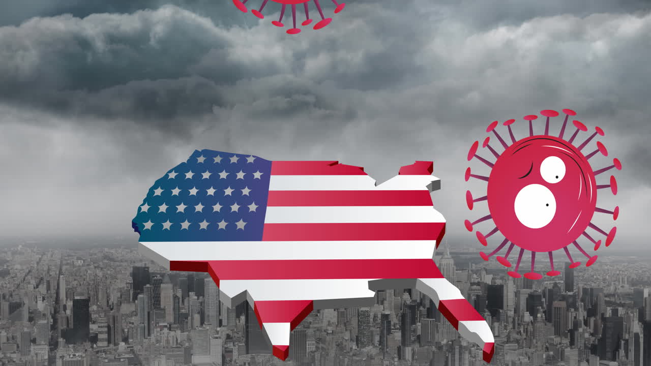 미국 지도 위의 코로나바이러스 세포의 애니메이션은 도시 풍경 배경에 미국  ⁇ 발로 색칠되었습니다.