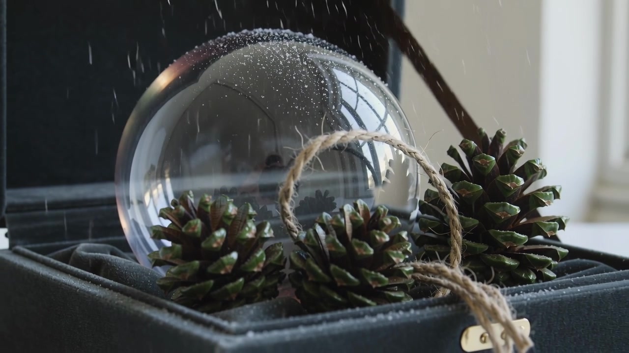 Falling droplets creating beads on clear glass orb behind pine cones on velvet tray