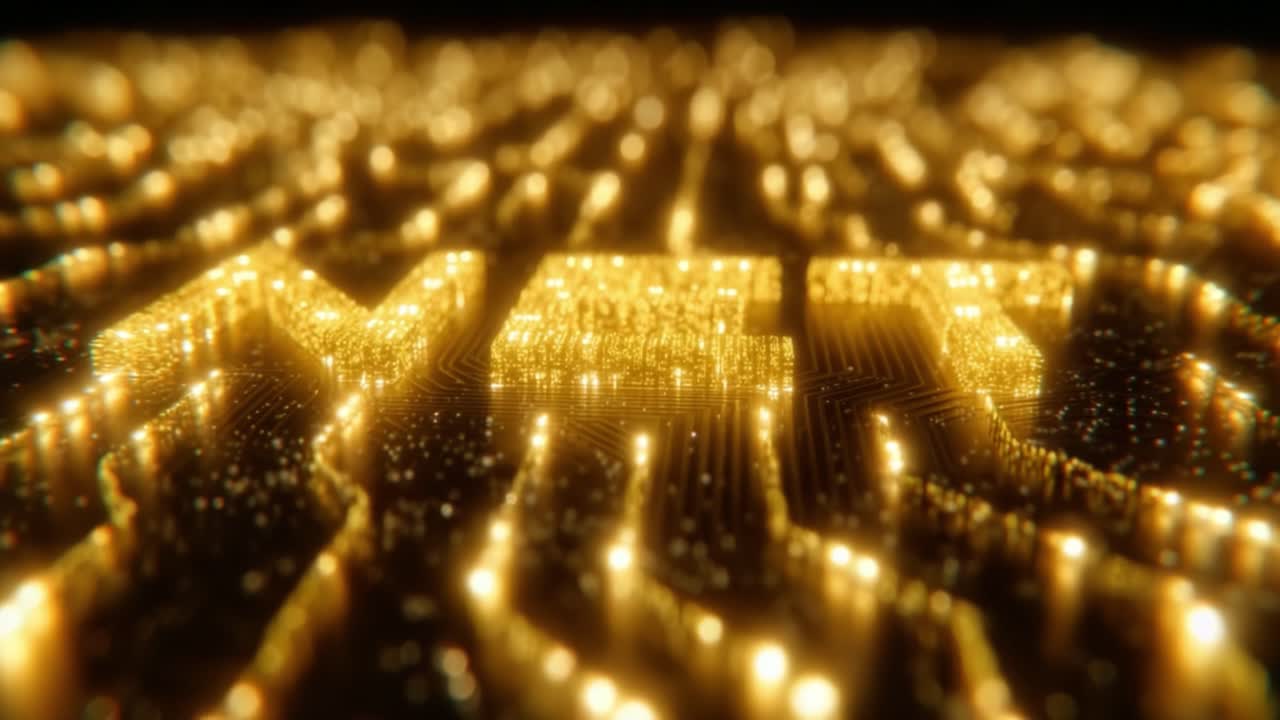 A Stunning Visual Representation of an Abstract Golden Circuitry with the Letters M, E, T Imprinted Boldly, Evoking a Sense of Digital Innovation and Futuristic Technology