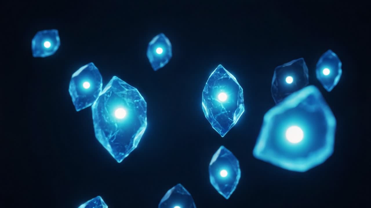A mesmerizing visual journey through a cosmic scene featuring glowing, crystalline shapes floating in the darkness, illuminating the space with their futuristic blue light
