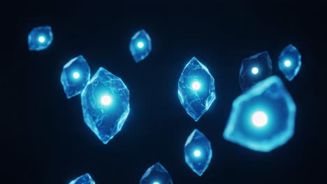 A mesmerizing visual journey through a cosmic scene featuring glowing, crystalline shapes floating in the darkness, illuminating the space with their futuristic blue light