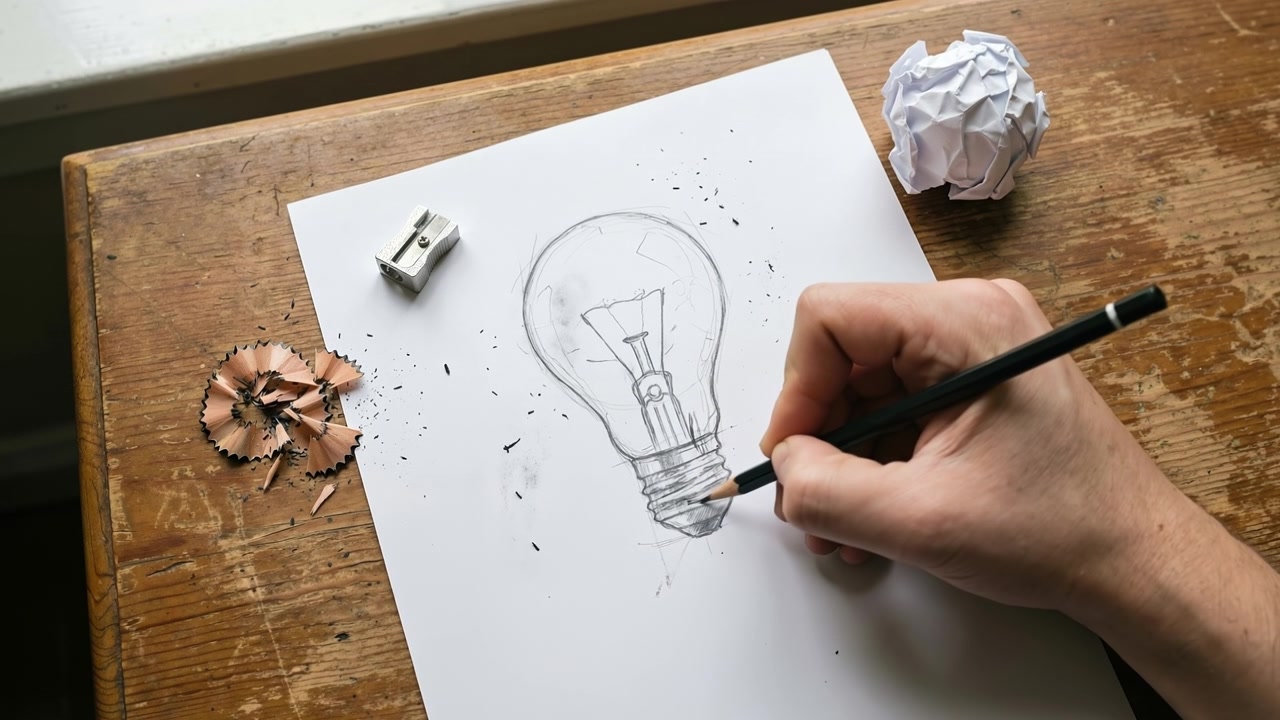 Close up of a person drawing a lightbulb on white paper with a pencil on a wooden table.