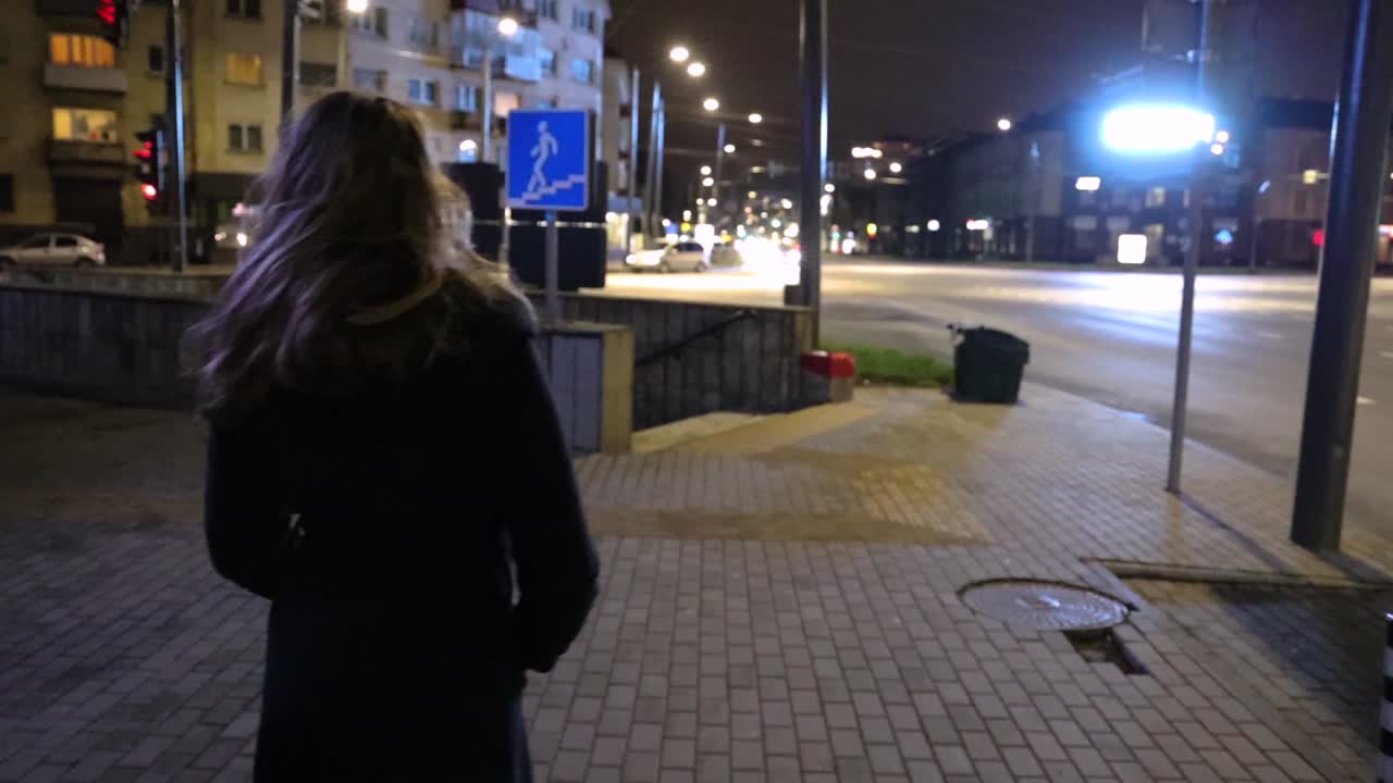 Girl taking a walk in the city at night time slow motion, view from the back