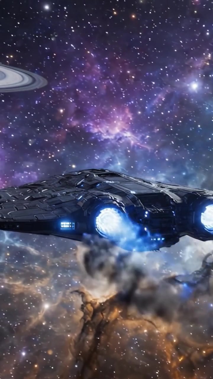 Et futuristisk rumskib stiger op gennem det kosmiske udstrækning, navigerer lyse tåger og himmellegemer på en fantastisk galaktisk rejse på tværs af stjernerne.