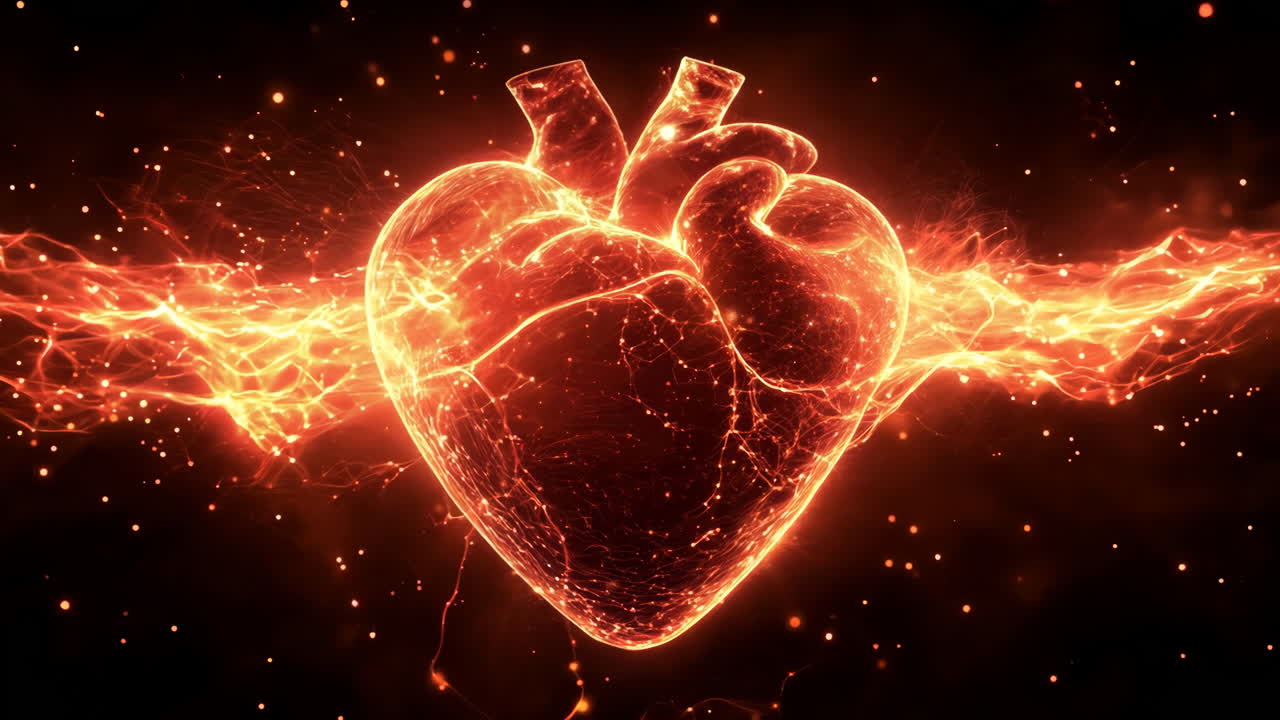 A heart is shown in a fiery, glowing light. The heart is surrounded by a dark background, which emphasizes the bright, warm colors of the heart. Concept of passion and love