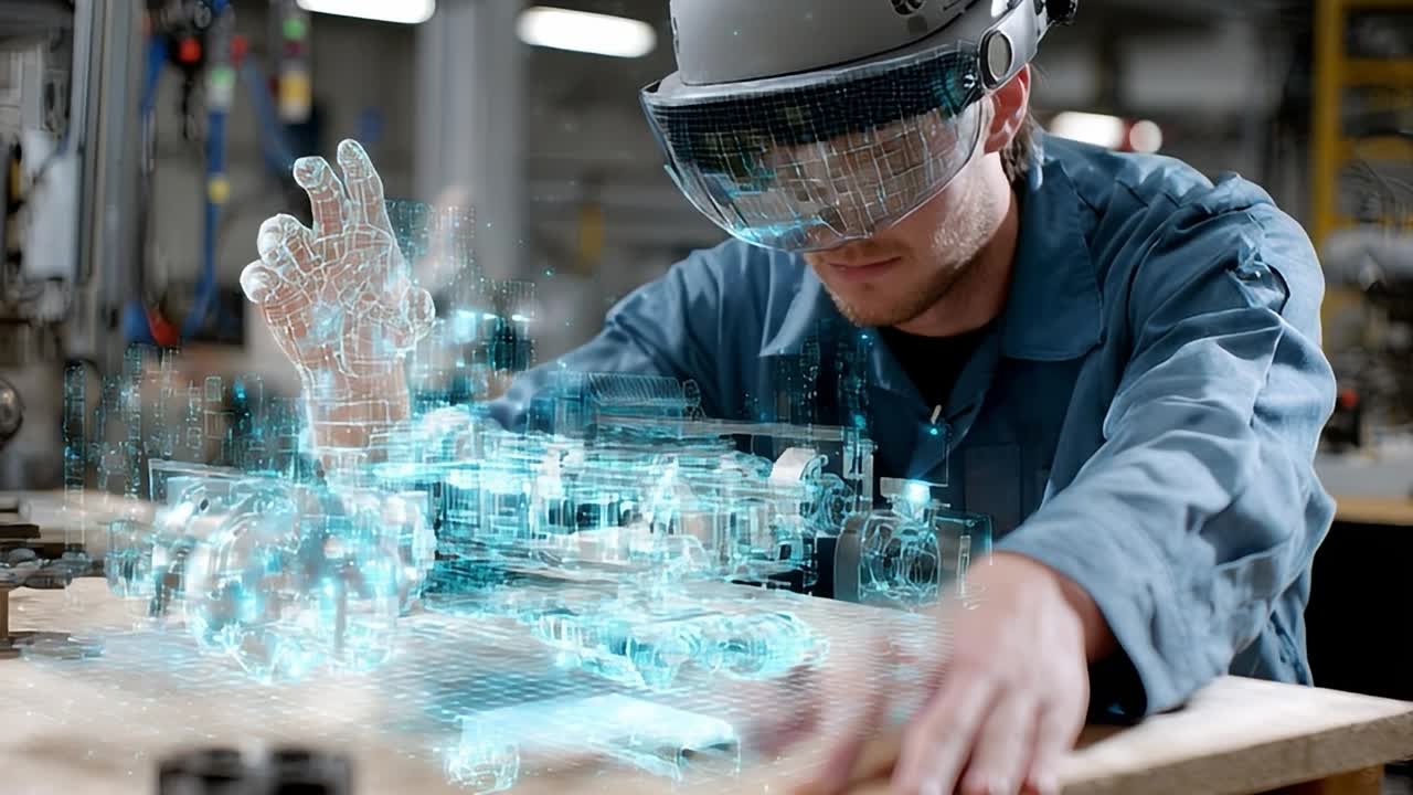 Insinyur inovatif menggunakan augmented reality untuk desain di bengkel