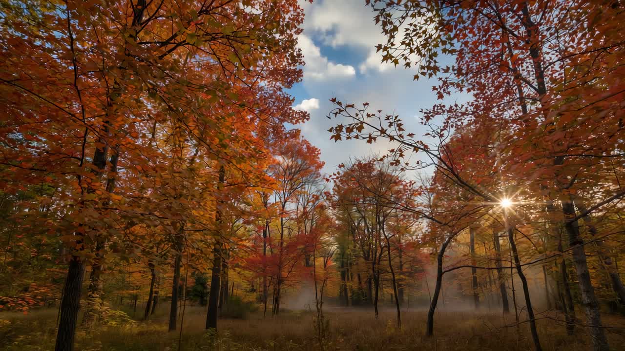 Morning breeze stirring canopy in autumn forest, lifting mist and revealing orange and red leaves