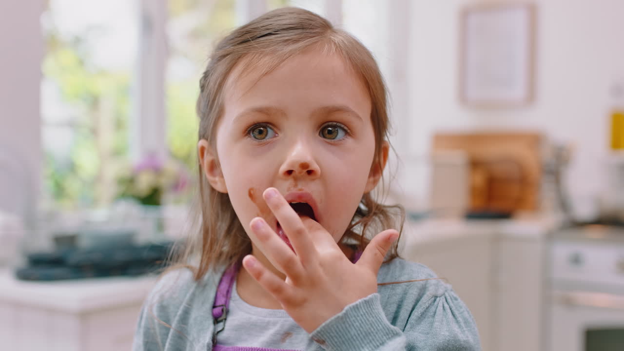 Bambino, viso e mangiare cioccolato in modo disordinato