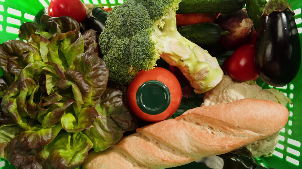 Shopping Basket Filled with Fresh Produce and Bread