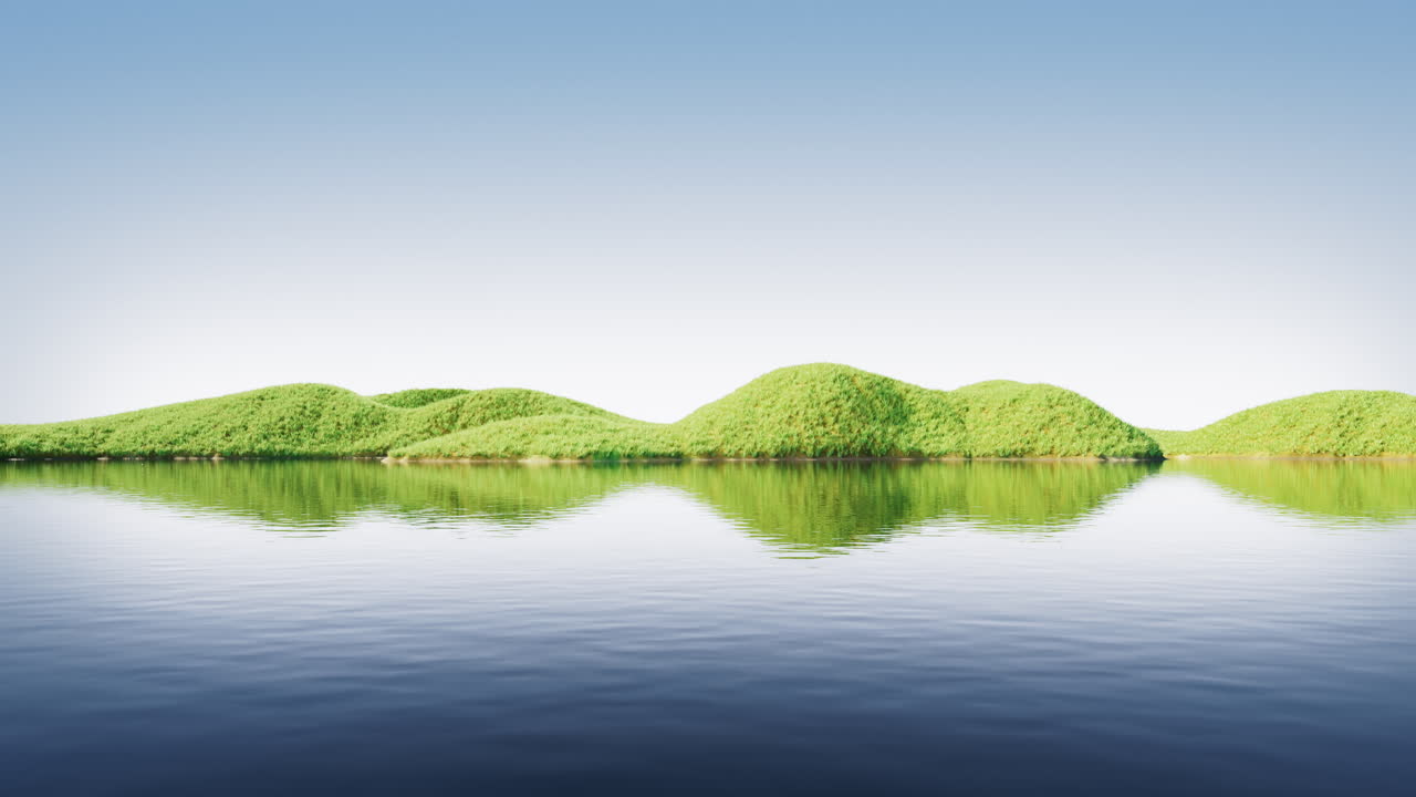 Landforms with grass and lake in the nature, 3d rendering.