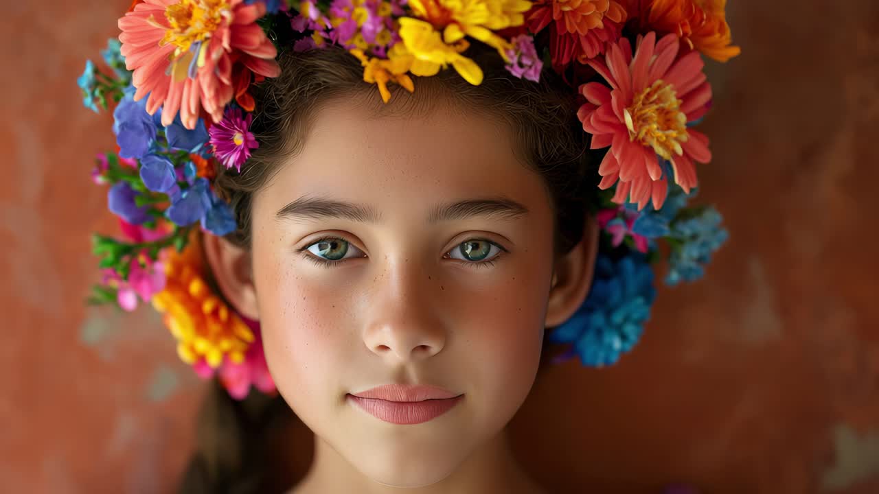 Young girl with striking green eyes is adorned with a colorful crown of flowers. The vivid blooms create a harmonious blend of colors, enhancing the serene expression on her face