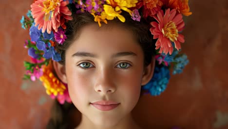 young girl with striking green eyes is adorned with a colorful crown of flowers. the vivid blooms create a harmonious blend of colors, enhancing the serene expression on her face