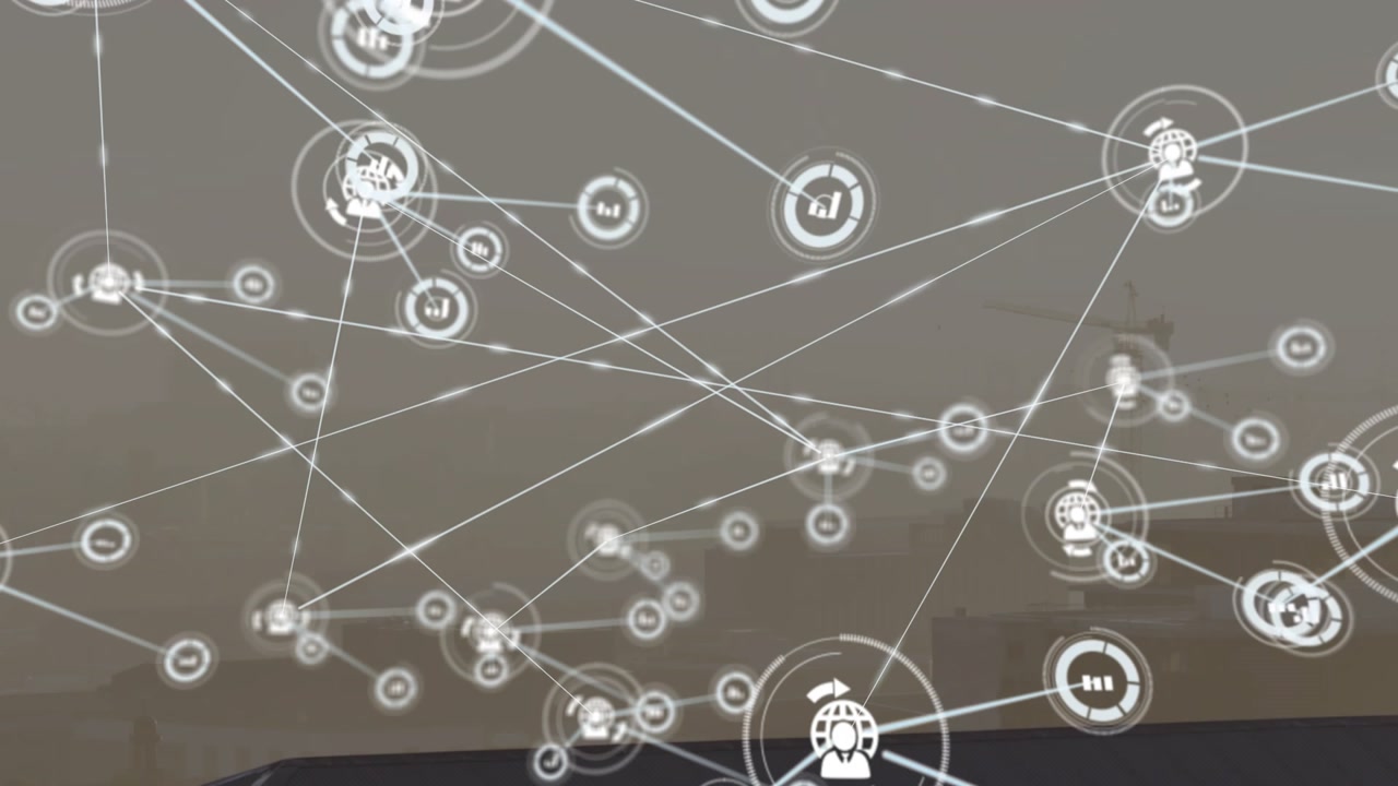 Single central node spawning icons and lines, HUD overlay growing to map city network activity